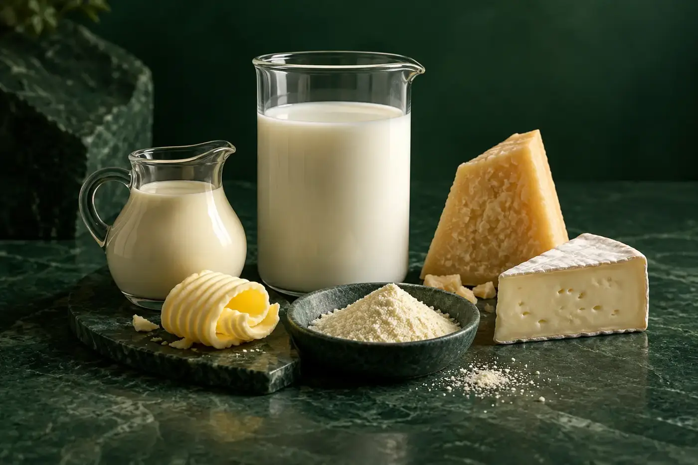 Milk, butter and cheese on a table